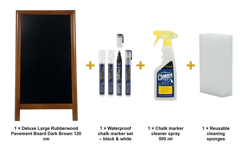 Load image into Gallery viewer, Securit Chalkboard Set - Deluxe Large Rubberwood Pavement Board Dark Brown 120 cm - Board + Waterproof Markers + Cleaner - what is in the set
