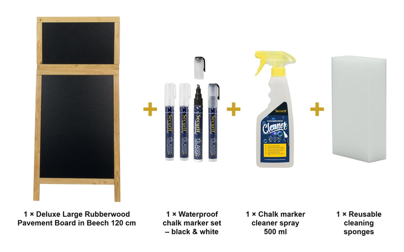 Load image into Gallery viewer, Securit Chalkboard Set - Deluxe Large Rubberwood Pavement Board in Beech 120 cm - Board + Waterproof Markers + Cleaner - what is in the set
