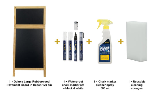 Securit Chalkboard Set - Deluxe Large Rubberwood Pavement Board in Beech 120 cm - Board + Waterproof Markers + Cleaner - what is in the set