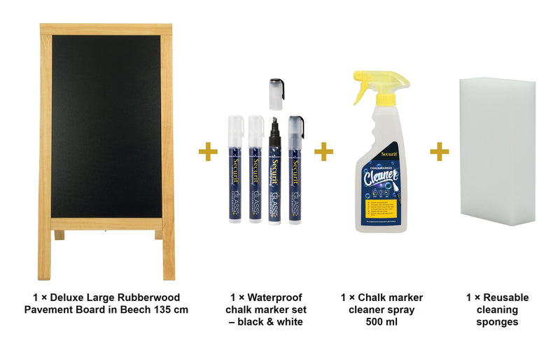Load image into Gallery viewer, Securit Chalkboard Set - Deluxe Large Rubberwood Pavement Board in Beech 135 cm - Board + Waterproof Markers + Cleaner - what is in the set
