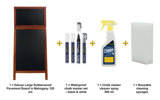 Securit Chalkboard Set - Deluxe Large Rubberwood Pavement Board in Mahogany 120 cm - Board + Waterproof Markers + Cleaner - what is in the set