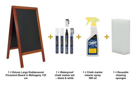 Securit Chalkboard Set - Deluxe Large Rubberwood Pavement Board in Mahogany 135 cm - Board + Waterproof Markers + Cleaner - what is in the set