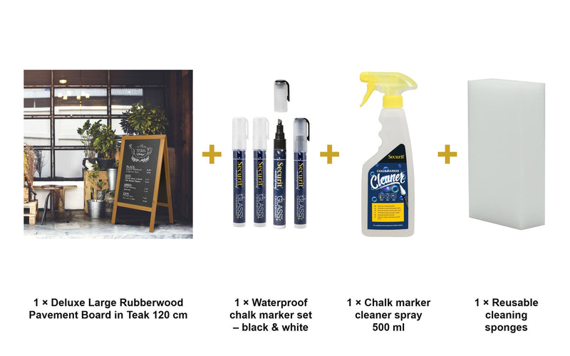 Load image into Gallery viewer, Securit Chalkboard Set - Deluxe Large Rubberwood Pavement Board in Teak 120 cm - Board + Waterproof Markers + Cleaner - what is in the set
