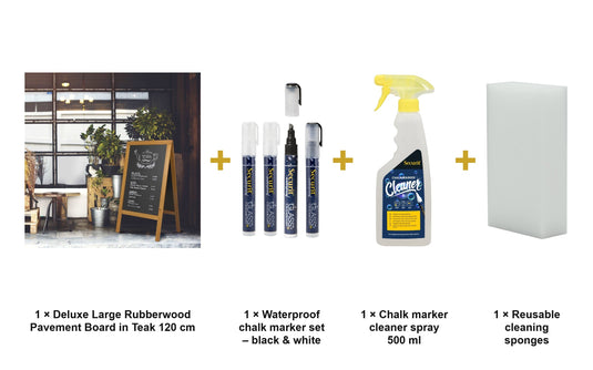 Securit Chalkboard Set - Deluxe Large Rubberwood Pavement Board in Teak 120 cm - Board + Waterproof Markers + Cleaner - what is in the set