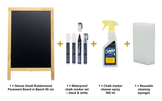 Securit Chalkboard Set - Deluxe Small Rubberwood Pavement Board in Beech 85 cm - Board + Waterproof Markers + Cleaner - what is in the set