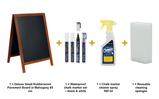Securit Chalkboard Set - Deluxe Small Rubberwood Pavement Board in Mahogany 85 cm - Board + Waterproof Markers + Cleaner - what is in the set