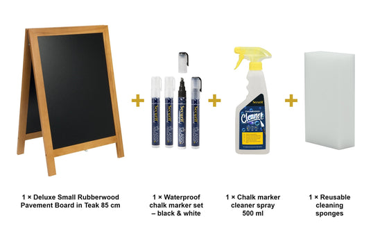 Securit Chalkboard Set - Deluxe Small Rubberwood Pavement Board in Teak 85 cm - Board + Waterproof Markers + Cleaner - what is in the set