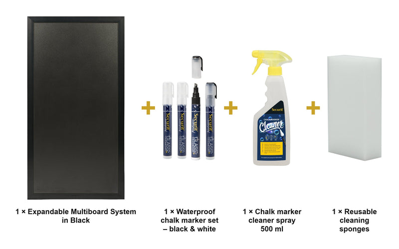Load image into Gallery viewer, Securit Chalkboard Set - Expandable Multiboard System in Black - Board + Waterproof Markers + Cleaner - what is in the set

