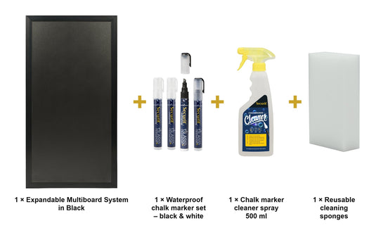 Securit Chalkboard Set - Expandable Multiboard System in Black - Board + Waterproof Markers + Cleaner - what is in the set