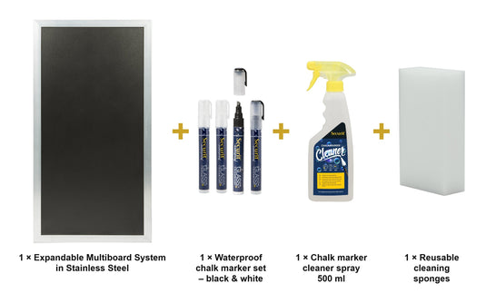 Securit Chalkboard Set - Expandable Multiboard System in Stainless Steel - Board + Waterproof Markers + Cleaner - what is in the set