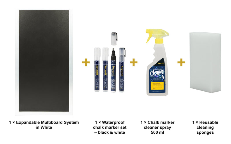 Load image into Gallery viewer, Securit Chalkboard Set - Expandable Multiboard System in White - Board + Waterproof Markers + Cleaner - what is in the set
