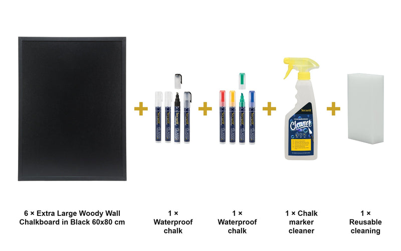 Load image into Gallery viewer, Securit Chalkboard Set - Extra Large Woody Wall Chalkboard in Black 60x80 cm (Pack of 6) - Boards + Waterproof Markers + Cleaner - what is in the set
