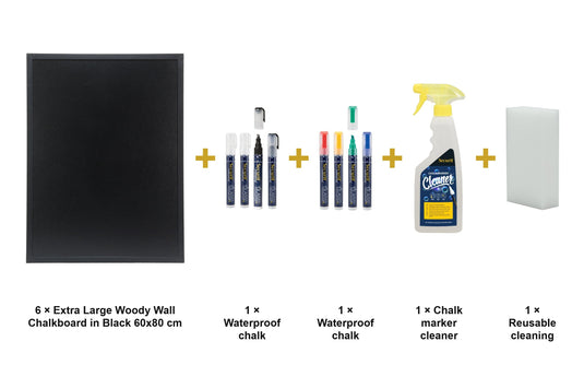 Securit Chalkboard Set - Extra Large Woody Wall Chalkboard in Black 60x80 cm (Pack of 6) - Boards + Waterproof Markers + Cleaner - what is in the set