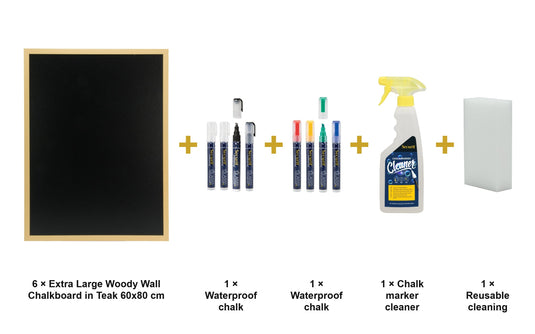 Securit Chalkboard Set - Extra Large Woody Wall Chalkboard in Teak 60x80 cm (Pack of 6) - Boards + Waterproof Markers + Cleaner - what is in the set