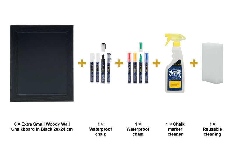 Load image into Gallery viewer, Securit Chalkboard Set - Extra Small Woody Wall Chalkboard in Black 20x24 cm (Pack of 6) - Boards + Waterproof Markers + Cleaner - what is in the set
