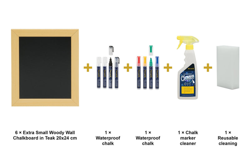 Load image into Gallery viewer, Securit Chalkboard Set - Extra Small Woody Wall Chalkboard in Teak 20x24 cm (Pack of 6) - Boards + Waterproof Markers + Cleaner - what is in the set
