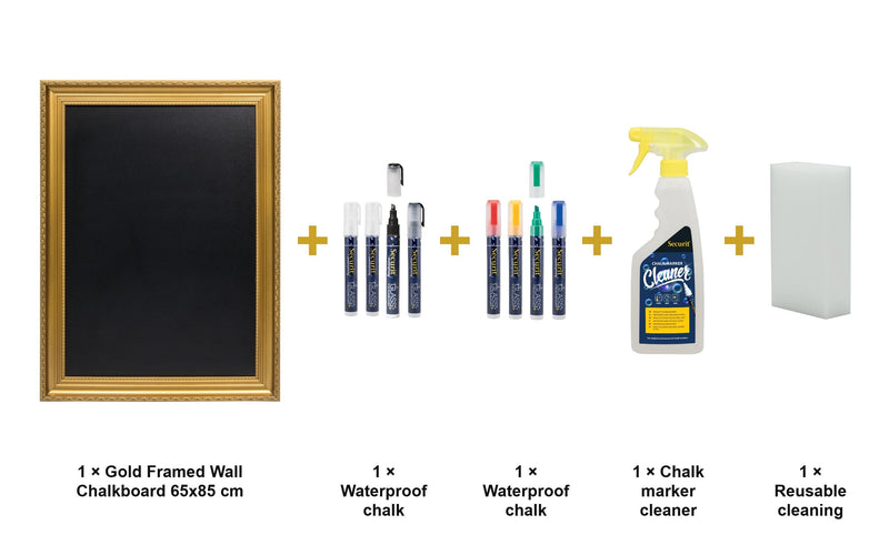 Load image into Gallery viewer, Securit Chalkboard Set - Gold Framed Wall Chalkboard 65x85 cm - Board + Waterproof Markers + Cleaner - what is in the set
