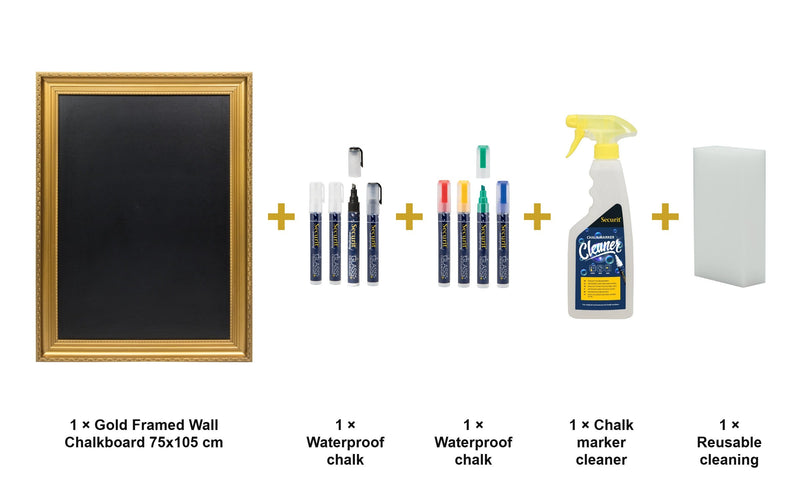 Load image into Gallery viewer, Securit Chalkboard Set - Gold Framed Wall Chalkboard 75x105 cm - Board + Waterproof Markers + Cleaner - what is in the set

