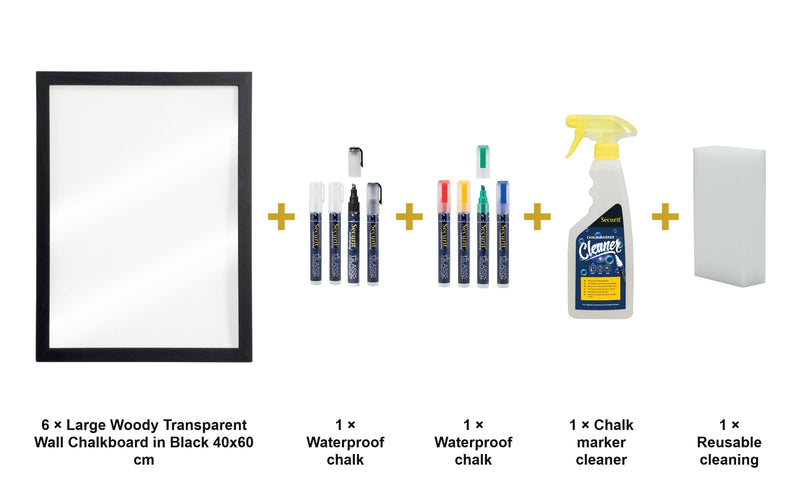 Load image into Gallery viewer, Securit Chalkboard Set - Large Woody Transparent Wall Chalkboard in Black 40x60 cm (Pack of 6) - Boards + Waterproof Markers + Cleaner - what is in the set
