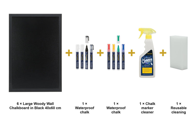 Load image into Gallery viewer, Securit Chalkboard Set - Large Woody Wall Chalkboard in Black 40x60 cm (Pack of 6) - Boards + Waterproof Markers + Cleaner - what is in the set
