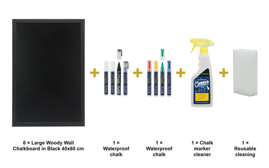 Securit Chalkboard Set - Large Woody Wall Chalkboard in Black 40x60 cm (Pack of 6) - Boards + Waterproof Markers + Cleaner - what is in the set