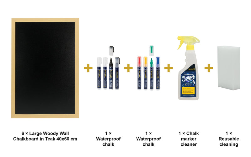 Load image into Gallery viewer, Securit Chalkboard Set - Large Woody Wall Chalkboard in Teak 40x60 cm (Pack of 6) - Boards + Waterproof Markers + Cleaner - what is in the set
