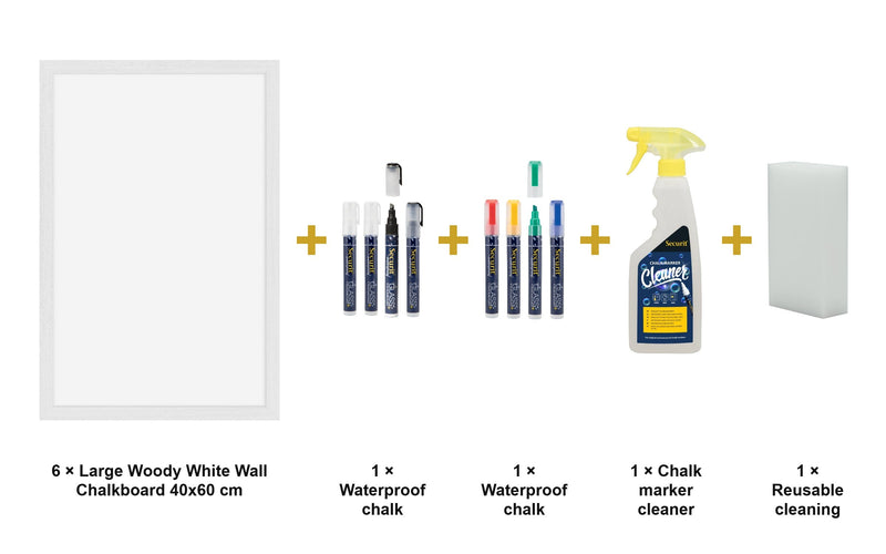 Load image into Gallery viewer, Securit Chalkboard Set - Large Woody White Wall Chalkboard 40x60 cm (Pack of 6) - Boards + Waterproof Markers + Cleaner - what is in the set
