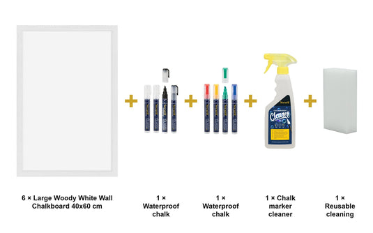 Securit Chalkboard Set - Large Woody White Wall Chalkboard 40x60 cm (Pack of 6) - Boards + Waterproof Markers + Cleaner - what is in the set