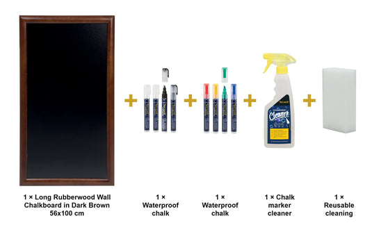 Securit Chalkboard Set - Long Rubberwood Wall Chalkboard in Dark Brown 56x100 cm - Board + Waterproof Markers + Cleaner - what is in the set