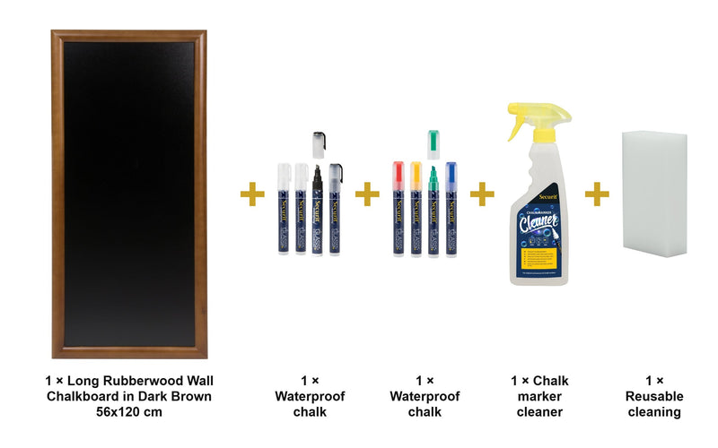Load image into Gallery viewer, Securit Chalkboard Set - Long Rubberwood Wall Chalkboard in Dark Brown 56x120 cm - Board + Waterproof Markers + Cleaner - what is in the set
