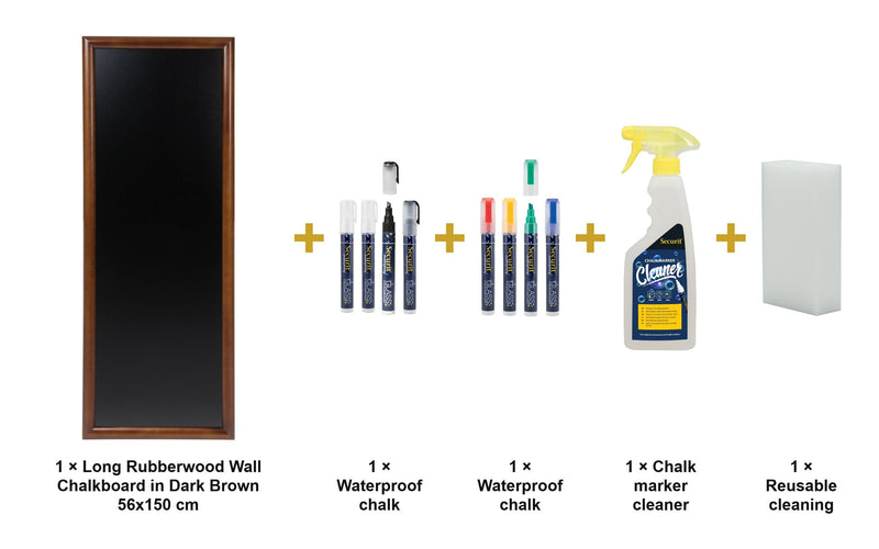 Load image into Gallery viewer, Securit Chalkboard Set - Long Rubberwood Wall Chalkboard in Dark Brown 56x150 cm - Board + Waterproof Markers + Cleaner - what is in the set
