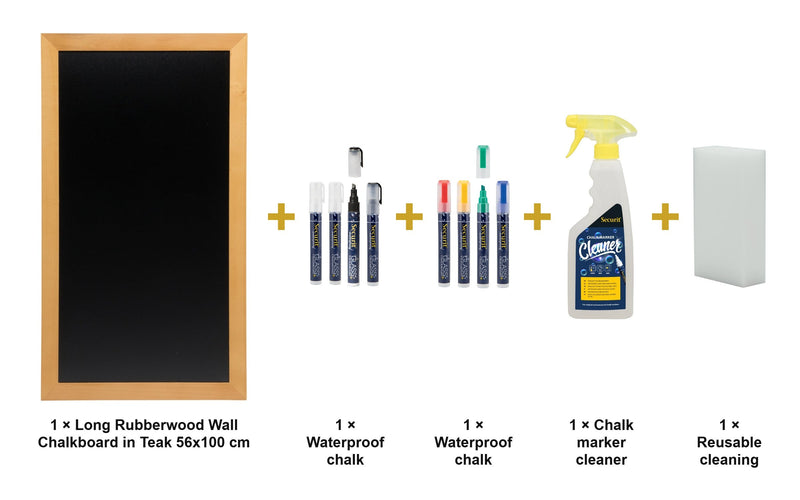 Load image into Gallery viewer, Securit Chalkboard Set - Long Rubberwood Wall Chalkboard in Teak 56x100 cm - Board + Waterproof Markers + Cleaner - what is in the set
