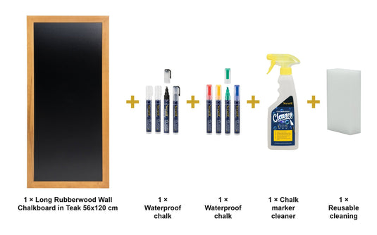 Securit Chalkboard Set - Long Rubberwood Wall Chalkboard in Teak 56x120 cm - Board + Waterproof Markers + Cleaner - what is in the set