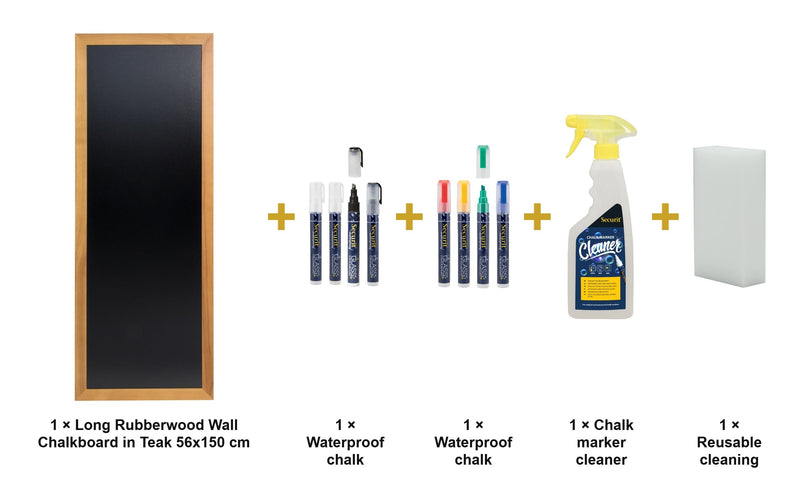 Load image into Gallery viewer, Securit Chalkboard Set - Long Rubberwood Wall Chalkboard in Teak 56x150 cm - Board + Waterproof Markers + Cleaner - what is in the set
