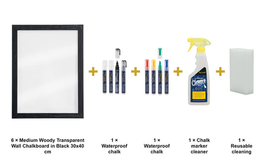 Securit Chalkboard Set - Medium Woody Transparent Wall Chalkboard in Black 30x40 cm (Pack of 6) - Boards + Waterproof Markers + Cleaner - what is in the set