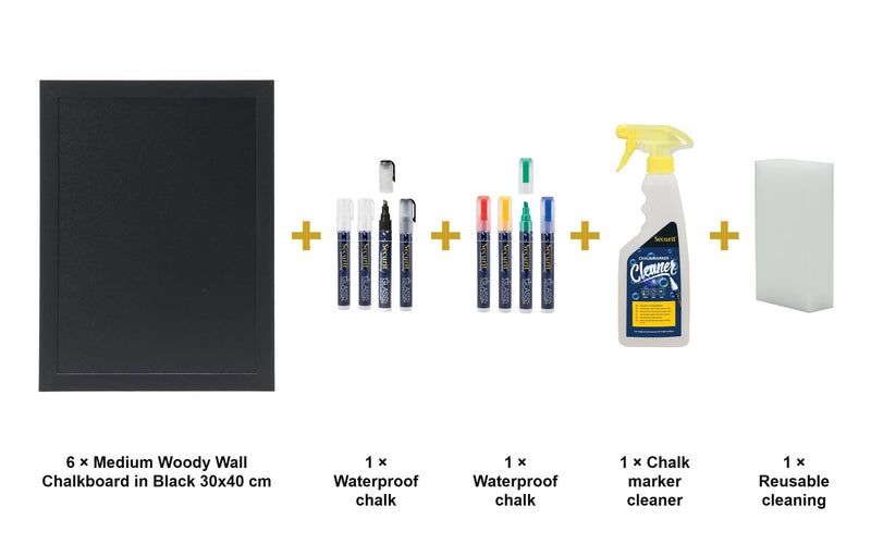 Load image into Gallery viewer, Securit Chalkboard Set - Medium Woody Wall Chalkboard in Black 30x40 cm (Pack of 6) - Boards + Waterproof Markers + Cleaner - what is in the set
