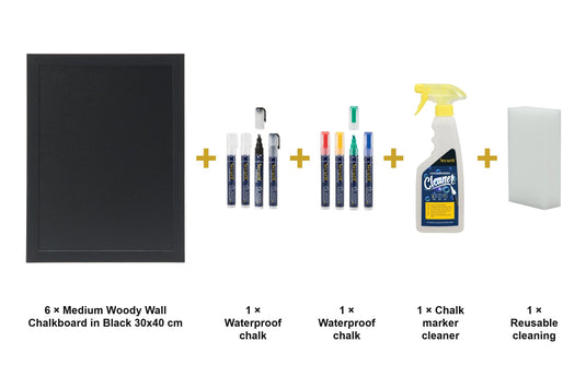 Securit Chalkboard Set - Medium Woody Wall Chalkboard in Black 30x40 cm (Pack of 6) - Boards + Waterproof Markers + Cleaner - what is in the set
