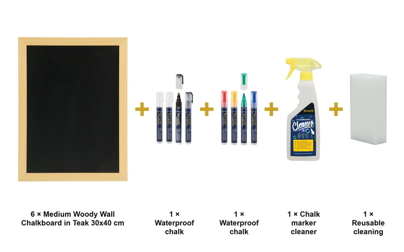 Load image into Gallery viewer, Securit Chalkboard Set - Medium Woody Wall Chalkboard in Teak 30x40 cm (Pack of 6) - Boards + Waterproof Markers + Cleaner - what is in the set
