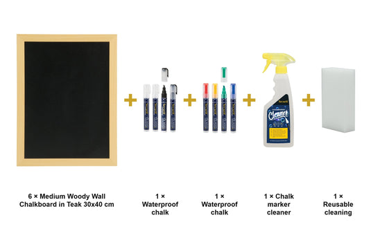 Securit Chalkboard Set - Medium Woody Wall Chalkboard in Teak 30x40 cm (Pack of 6) - Boards + Waterproof Markers + Cleaner - what is in the set