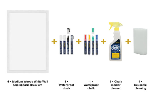 Securit Chalkboard Set - Medium Woody White Wall Chalkboard 30x40 cm (Pack of 6) - Boards + Waterproof Markers + Cleaner - what is in the set
