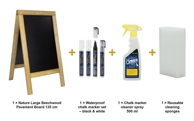 Load image into Gallery viewer, Securit Chalkboard Set - Nature Large Beechwood Pavement Board 135 cm - Board + Waterproof Markers + Cleaner - what is in the set
