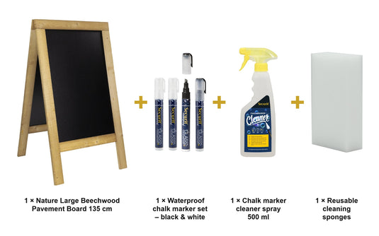 Securit Chalkboard Set - Nature Large Beechwood Pavement Board 135 cm - Board + Waterproof Markers + Cleaner - what is in the set