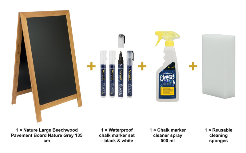 Load image into Gallery viewer, Securit Chalkboard Set - Nature Large Beechwood Pavement Board Nature Grey 135 cm - Board + Waterproof Markers + Cleaner - what is in the set
