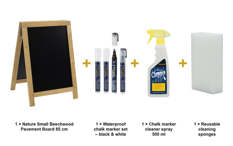 Load image into Gallery viewer, Securit Chalkboard Set - Nature Small Beechwood Pavement Board 85 cm - Board + Waterproof Markers + Cleaner - what is in the set
