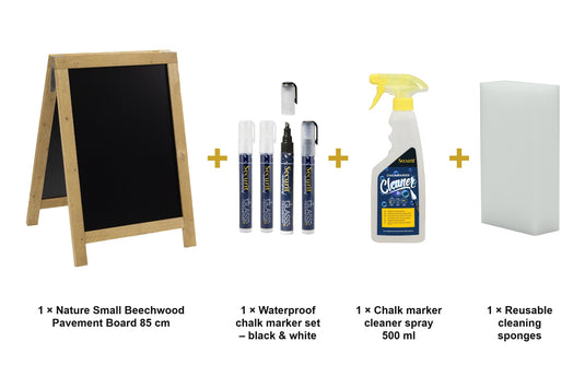 Securit Chalkboard Set - Nature Small Beechwood Pavement Board 85 cm - Board + Waterproof Markers + Cleaner - what is in the set