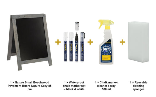 Securit Chalkboard Set - Nature Small Beechwood Pavement Board Nature Grey 85 cm - Board + Waterproof Markers + Cleaner - what is in the set
