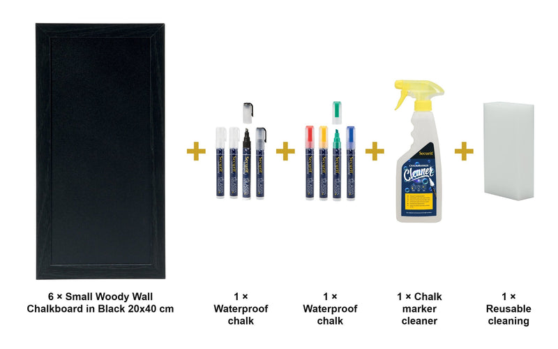 Load image into Gallery viewer, Securit Chalkboard Set - Small Woody Wall Chalkboard in Black 20x40 cm (Pack of 6) - Boards + Waterproof Markers + Cleaner - what is in the set

