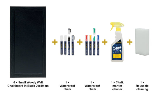Securit Chalkboard Set - Small Woody Wall Chalkboard in Black 20x40 cm (Pack of 6) - Boards + Waterproof Markers + Cleaner - what is in the set