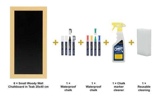 Securit Chalkboard Set - Small Woody Wall Chalkboard in Teak 20x40 cm (Pack of 6) - Boards + Waterproof Markers + Cleaner - what is in the set