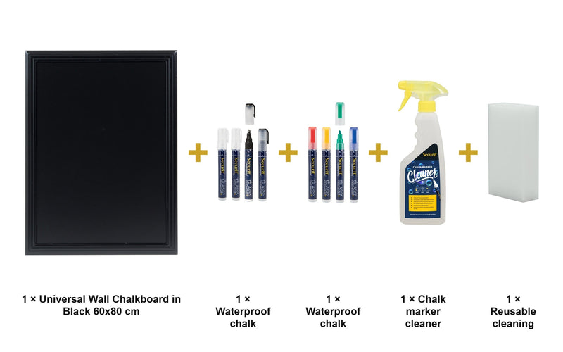 Load image into Gallery viewer, Securit Chalkboard Set - Universal Wall Chalkboard in Black 60x80 cm - Board + Waterproof Markers + Cleaner - what is in the set
